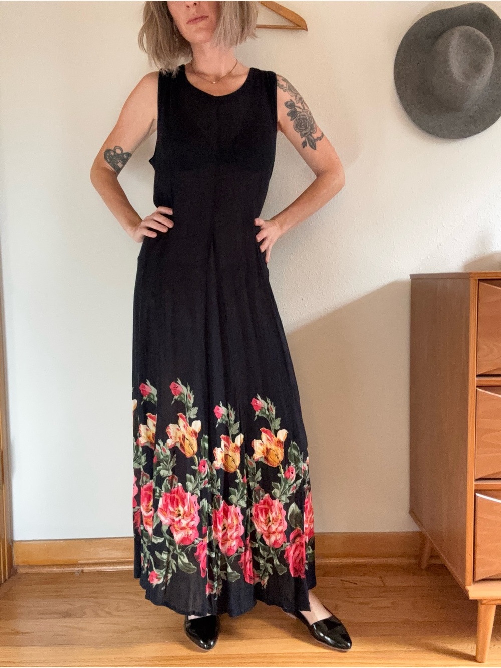 Vintage 90s Floral Maxi Dress Medium Dark Romantic Grunge Flowy Sheer Black